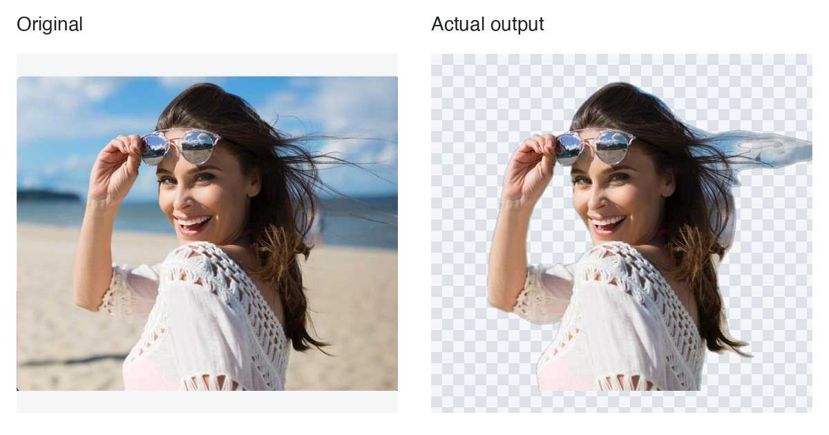 Original portrait beside the actual transparent PNG returned by RemoveBGKit, with a checkerboard showing transparency