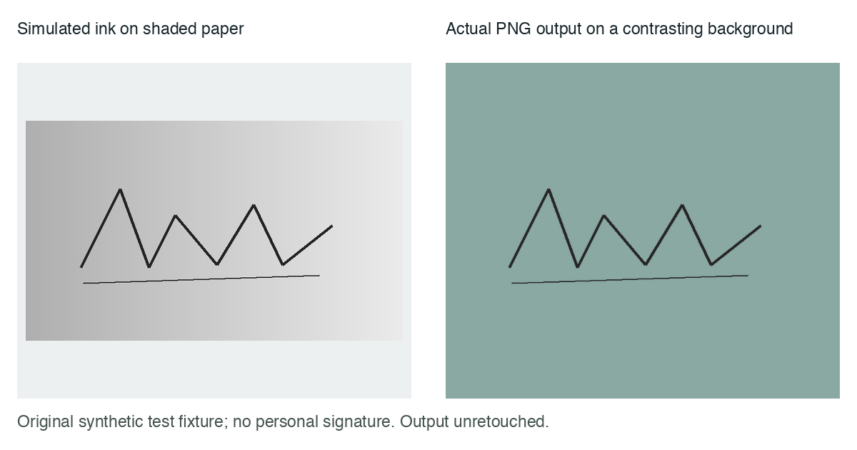 Original simulated dark ink on shaded paper beside the actual transparent PNG composited on a contrasting green background