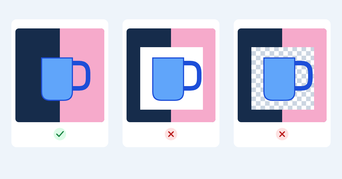 Illustration comparing a cutout over colored backgrounds with an opaque white rectangle and a baked-in checkerboard.