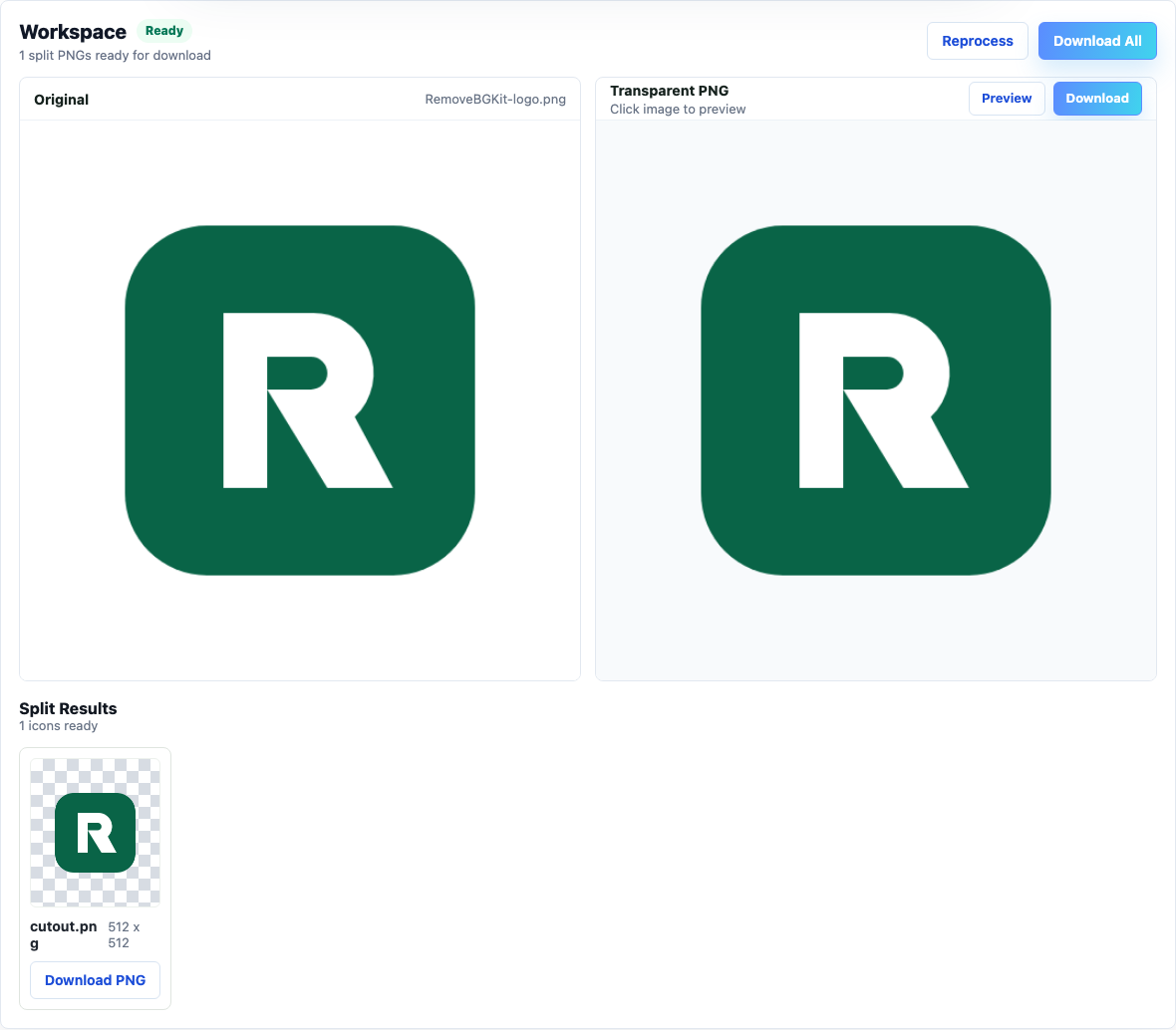 Actual RemoveBGKit workspace showing the uploaded project logo and its processed PNG